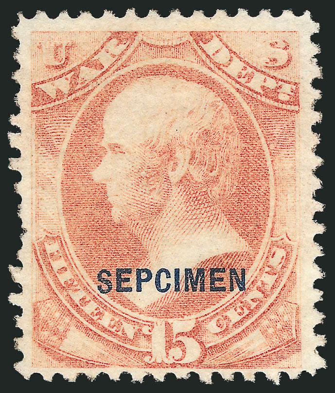15c War, Sepcimen Error (O90Sa).> Without gum as issued, soft shade, choice centering, pulled perf at left<><>^VERY FINE APPEARANCE. AN EXCEPTIONALLY RARE EXAMPLE OF THE 15-CENT WAR DEPARTMENT ISSUE WITH THE
SEPCIMEN OVERPRINT ERROR. THIS IS TH