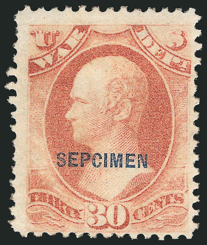 30c War, Sepcimen Error (O92Sa).> Without gum as issued, rich color, centered to lower right, pulled perf at upper left and short perf at lower left<><>^FINE APPEARING AND RARE EXAMPLE OF THE 30-CENT WAR
DEPARTMENT ISSUE WITH THE SEPCIMEN OVERP