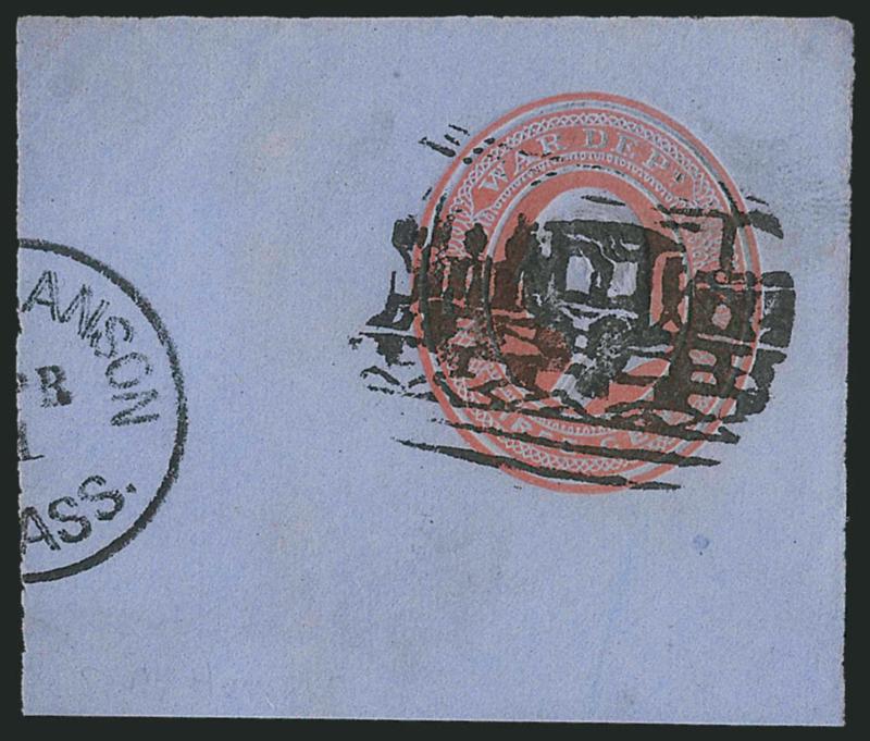 South Hanson Mass. Locomotive.> Perfect strike of this fancy cancel on 3c Red on Blue War Dept. cut square (UO54), 60 x 52mm, with half of South Hanson Mass. Apr. 1 circular datestamp at left<><>^EXTREMELY
FINE EXAMPLE OF THIS MAJOR CANCELLATION