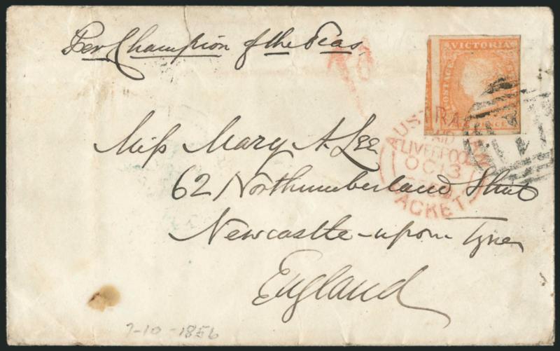 AUSTRALIA, Clipper Ships.> Five covers, each endorsed to travel via a different ship, including <<pr. Anglesey Jan. 19, 1856, p James Baines, pr Black Susan, Per Champion of the Seas and p Dover Castle>>, each
franked with Victoria 6p, coup