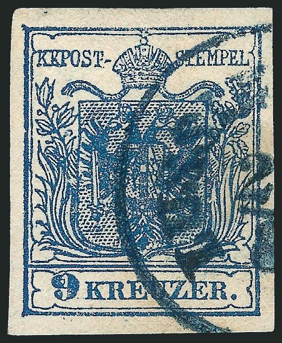 AUSTRIA, 1854, 9kr Blue, Ty. IIIb, Machine Paper (5e).> Large even margins, bold strike of <blue Lussin(piccolo)> circular datestamp, small thin spot, Very Fine, exceedingly scarce cancel struck in
blue
