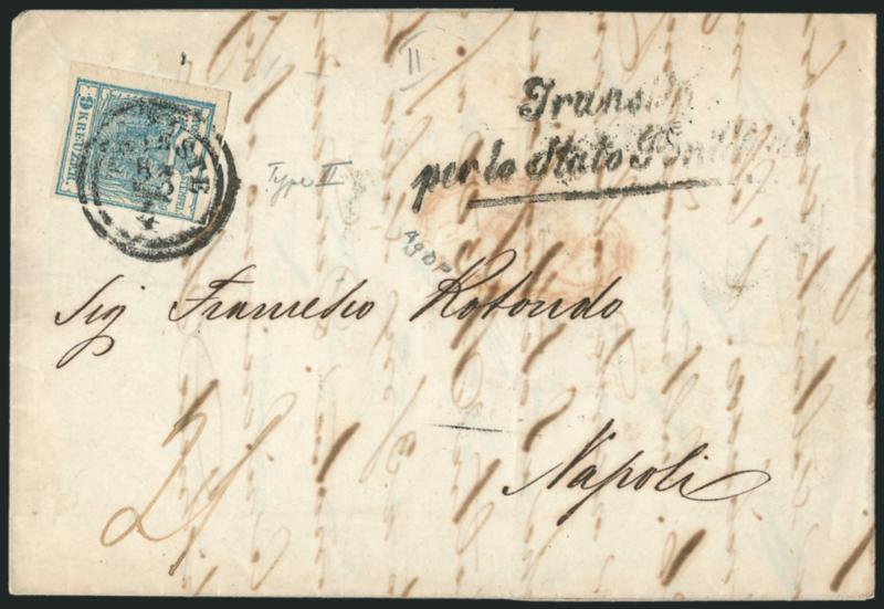 AUSTRIA, 1850, 9kr Blue, Ty. II (9).> Large margins to clear, tied by Trieste 234 double-circle datestamp on 1851 folded letter <to Naples, Italy,> neat TransitoPerlo Stato Pontifico two-line handstamp,
Venezia and receiving backstamps, Very Fi