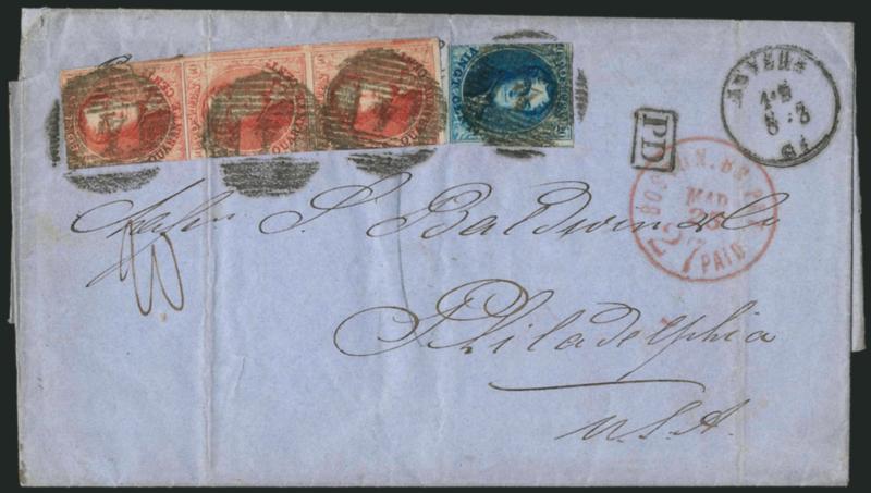 BELGIUM, 1861, 40c Vermilion (12).> Vertical strip of three, slightly cut in and one with filing crease, used with single 20c Blue No. 11 and tied by Anvers numeral 4 in grid on March 1861 folded letter to
Philadelphia, red Boston Br. Pkt. 27 Paid