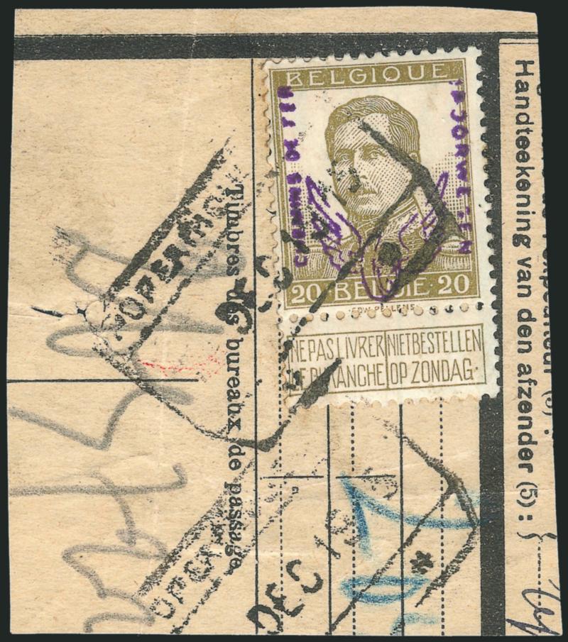 BELGIUM, 1915, 20c Olive Green, Large Head With Engravers Name (Q53a).> Tied on piece of parcel receipt, Fine and scarce