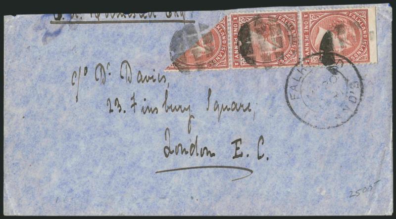 FALKLAND ISLANDS, 1886, 1p Claret, Diagonal Bisect (7b SG 8a).> Bottom stamp in strip with two full stamps, natural s.e. at top from sheet margin, tied by segmented corks, Falkland Islands MY 20, 1891
double-circle datestamp on blue cover <to Lond
