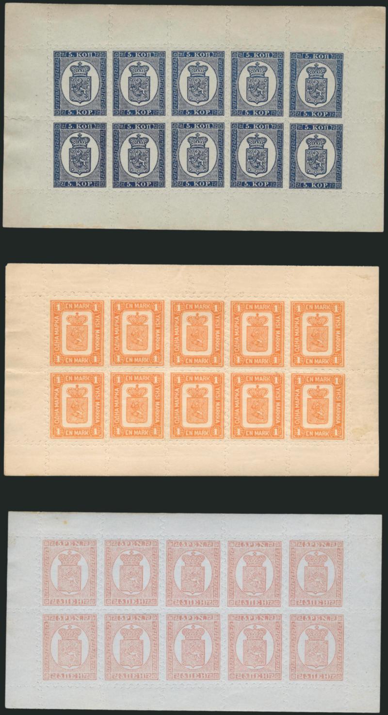 FINLAND, 1893, 5k Blue, 5p Purple Brown, 1m Yellow Brown, Roulette IV, Reprints (4R, 6R, 11R). Sheetlets of ten>, original gum, virtually all Mint N.H., one 1m minor thin spot, otherwise Very Fine, lovely
exhibition material, Scott Retail as ten hing