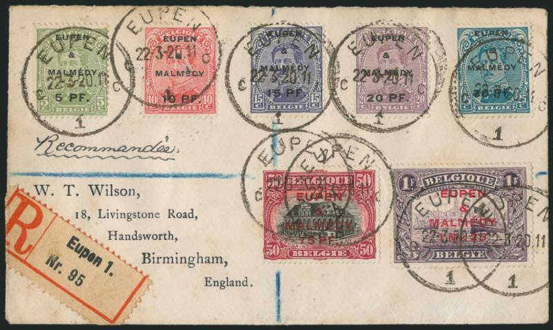 GERMANY, 1920, 5pf-1m25pf Belgian Occupation Ovpts. (1N18-1N24).> Complete set tied on W.T.Wilson registered cover by Eupen Mar. 22, 1920 circular datestamps, Fine-Very Fine, scarce, the top value listed in
Scott but unpriced on cover