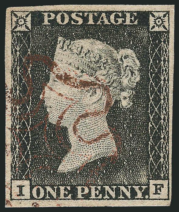 GREAT BRITAIN, 1840, 1p Black (1 SG 2).> Plate 1a, lettered I-F, large even margins all around, bright shade, light strike of oxidized red Haddington Maltese Cross cancel, Extremely Fine, with 2010 B.P.A.
certificate