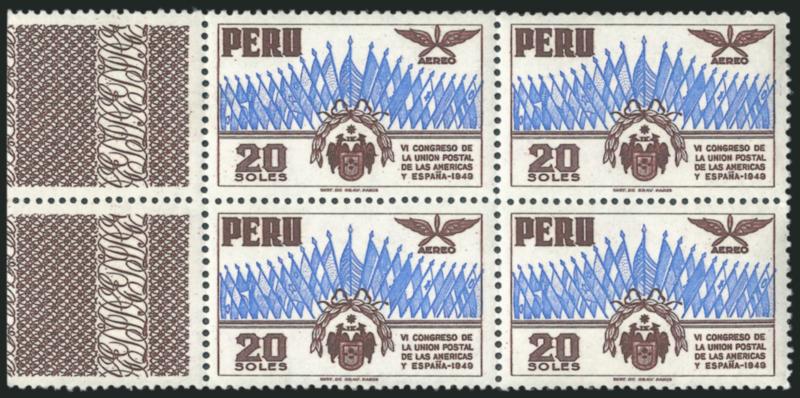 PERU, 1951, 5c-20s UPU Anniversary, Without Ovpts. (C94 var.-C102 var.).> Mint N.H. blocks of four, all with matching left fancy engraved selvages, Very Fine, scarce set
