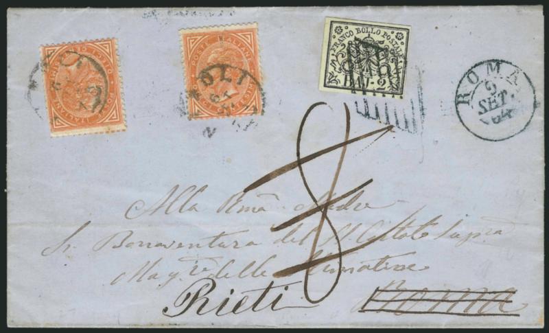 ROMAN STATES, 1852, 2b Black on Greenish White (3).> Large margins, tied by diamond grid, Roma 9 Set. 64 double-circle datestamp on blue folded cover <originating in Naples,> sent to Rome and <forwarded> to
Rieti, originating postage paid by taly