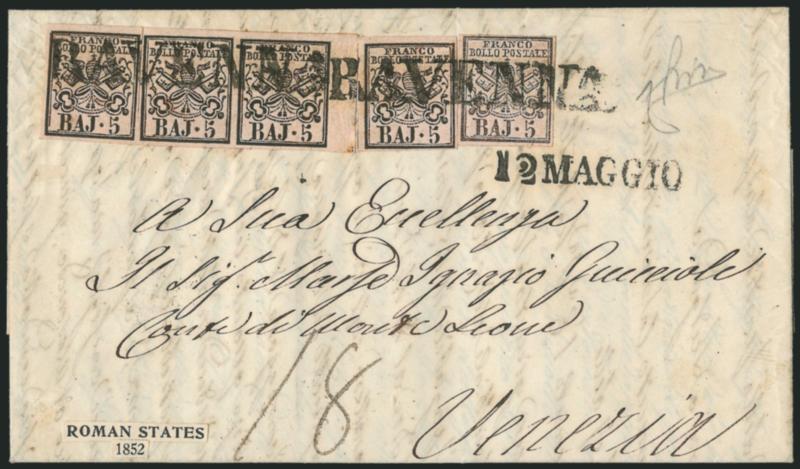 ROMAN STATES, 1852, 5b Black on Rose (6).> Horizontal strip of three and two singles, the strip with <sheet margin> at right, tied by bold strikes of Ravenna straightline handstamps with 12 Maggio handstamp on
1862 folded letter to Venice, neat F