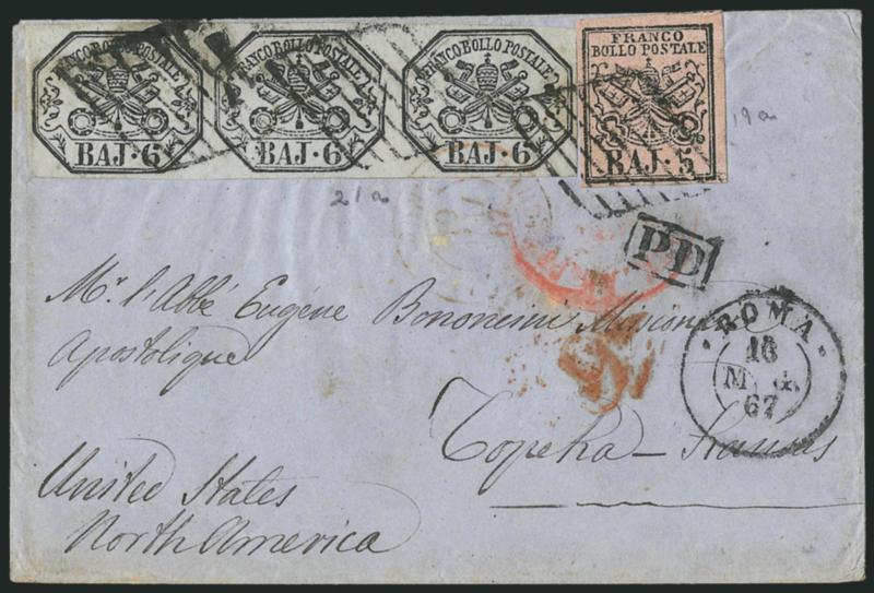 ROMAN STATES, 1852, 5b Rose, 6b Black on Greenish Green (6, 7).> Horizontal strip of three of 6b, large margins all around, <center stamp broken frame variety,> tied by diamond grids, Roma 16 Mag. 67
double-circle datestamp on blue cover <to Topeka