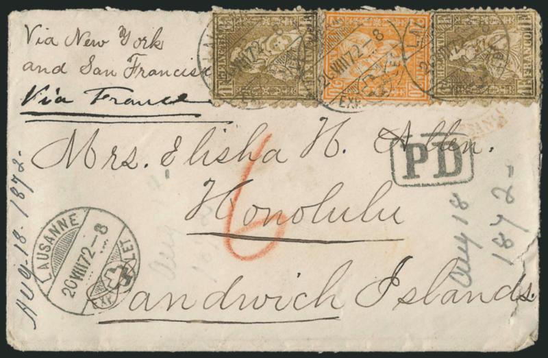 SWITZERLAND, 1872, 20c Orange, 1fr Gold (45, 50).> Two 1fr, tied by Lausanne 20.VIII.72 circular datestamps, fourth strike at lower left, on Allen correspondence cover <to Honolulu, Sandwich Islands (Hawaii),>
endorsed <<Via New York and San Franc