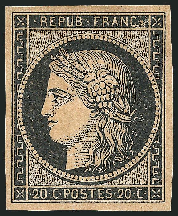 FRANCE, 1849, 3c Black on Buff (3b Yvert 3b).> Original gum, h.r., large and even margins all around, intense shade and impression, Very Fine and choice, Yvert e1,100