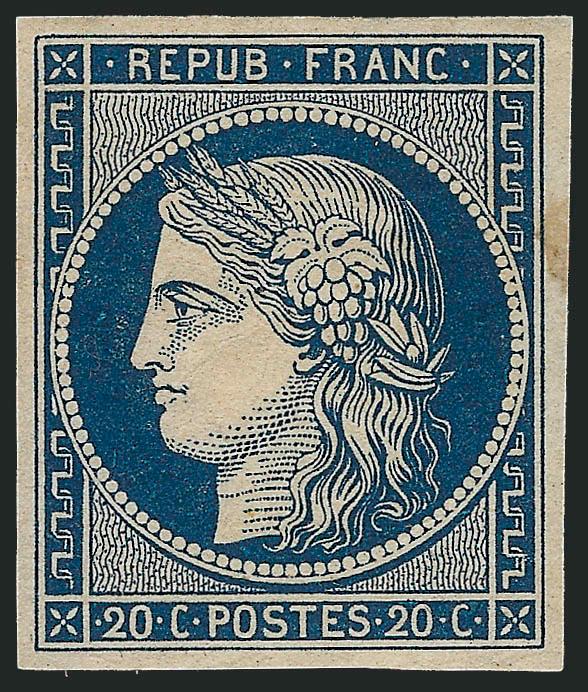 FRANCE, 1849, 20c Dark Blue (4 Yvert 8).> Original gum, h.r., large and even margins all around, deep rich color, small thin spot and small toned spot at upper left, otherwise Very Fine, a pretty stamp, Yvert
e4,000