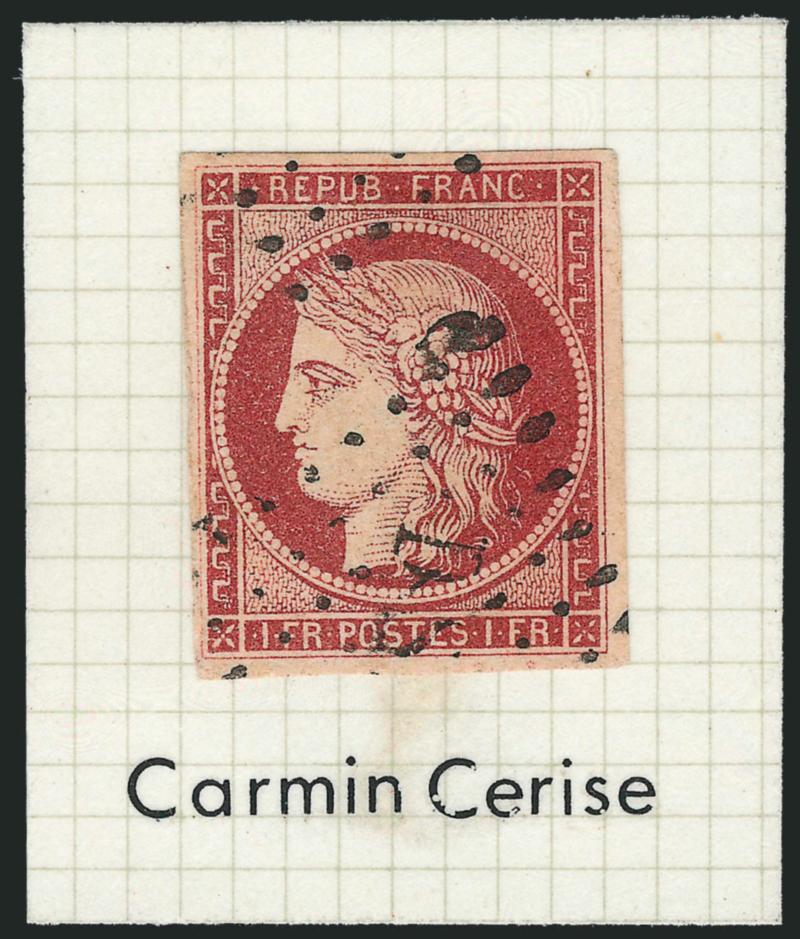 FRANCE, 1850, 1fr Dark Carmine, Yellowish (9 Yvert 6).> Six used stamps, each a distinctly different shade, identified by owner as Carmin Cerise, Carmin Vif, Carmin Brun, Carmin, Carmin Clair and Carmin Fonce,
all have four margins incl.