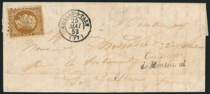 FRANCE, 1852, 10c Pale Bister on Yellowish (10 Yvert 9).> Huge margins all around, tied by 634 lozenge, matching Gallac-S-Tarn 25 Mai 53 double-circle datestamp on folded letter, light strike of three-line
handstamp at lower right, some slight w