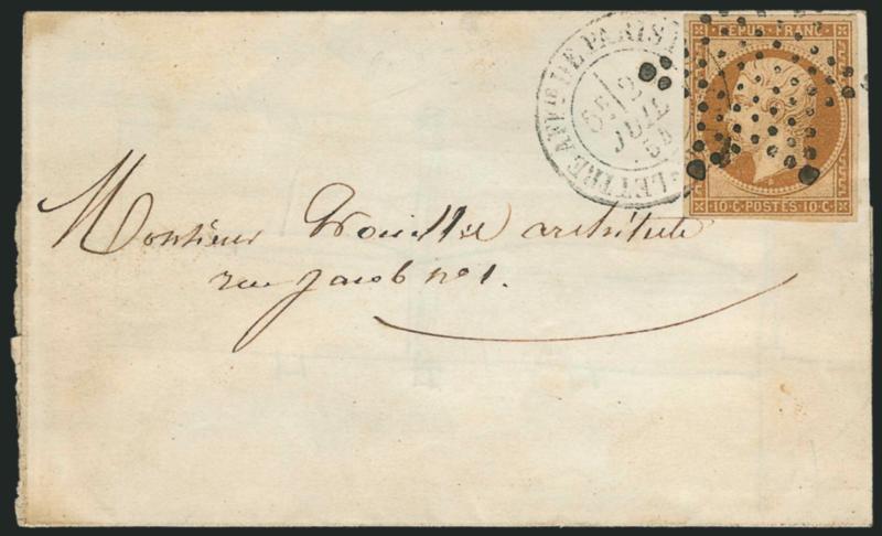 FRANCE, 1852, 10c Dark Bister on Yellowish (10a Yvert 9a).> Large margins to full, tied by <Diamond lozenge> and also by Lettre Affie De Parisienne 2? Juil 54 double-circle datestamp on folded cover used
locally, inside with unusual pencil drawing