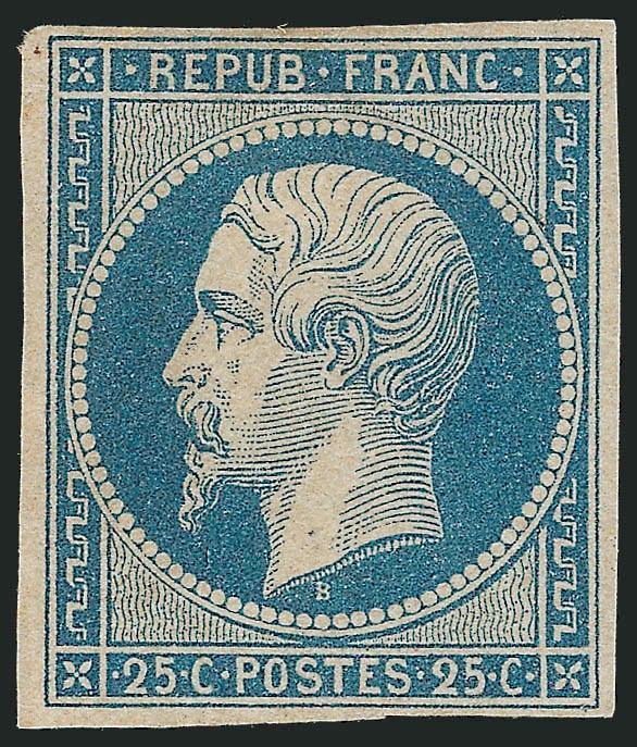 FRANCE, 1852, 25c Blue on Bluish (11 Yvert 10).> Original gum, h.r., ample to large margins, nice color, Very Fine, signed Brun and Calves, Yvert e3,650
