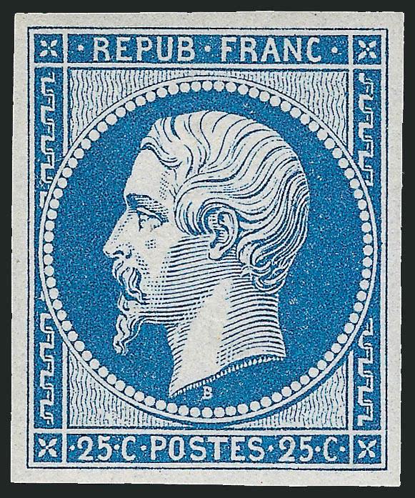 FRANCE, 1862, 25c Blue, Re-Issue (11a Yvert 10c).> Mint N.H., beautiful balanced margins, crisp impression on bright white paper, Extremely Fine Gem, incredible quality, with 1985 Fourcaut certificate, Yvert
e500