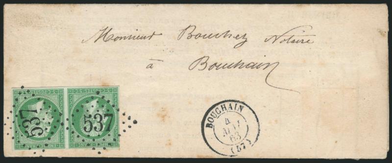 FRANCE, 1854, 5c Green on Greenish (13 Yvert 12).> Horizontal pair, large margins to barely touched, brilliant color, tied by well-struck 537 lozenges, Bouchain 4 Mai 63 double-circle datestamp on folded
part-printed Prices Current used locally,