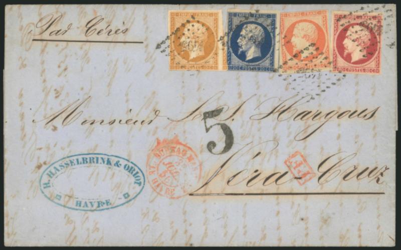 FRANCE, 1853, 10c Bister, 20c Blue, 40c Orange, 80c Lake (14, 15, 18, 19 Yvert 13A, 14A, 16, 17B).> Large margins to barely in, tied by 1495 lozenges, red Le Havre 30 Juil 56 double-circle datestamp on blue
folded letter <to Vera Cruz, Mexico,>