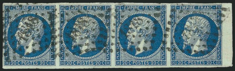 FRANCE, 1853, 20c Blue on Greenish, Ty. I (15 var Yvert 14Ad).> Horizontal strip of four, large to huge margins incl. <sheet margin at right,> intense shade and impression, neat 1818 lozenge cancels, left
stamp faint crease at top, Very Fine appea