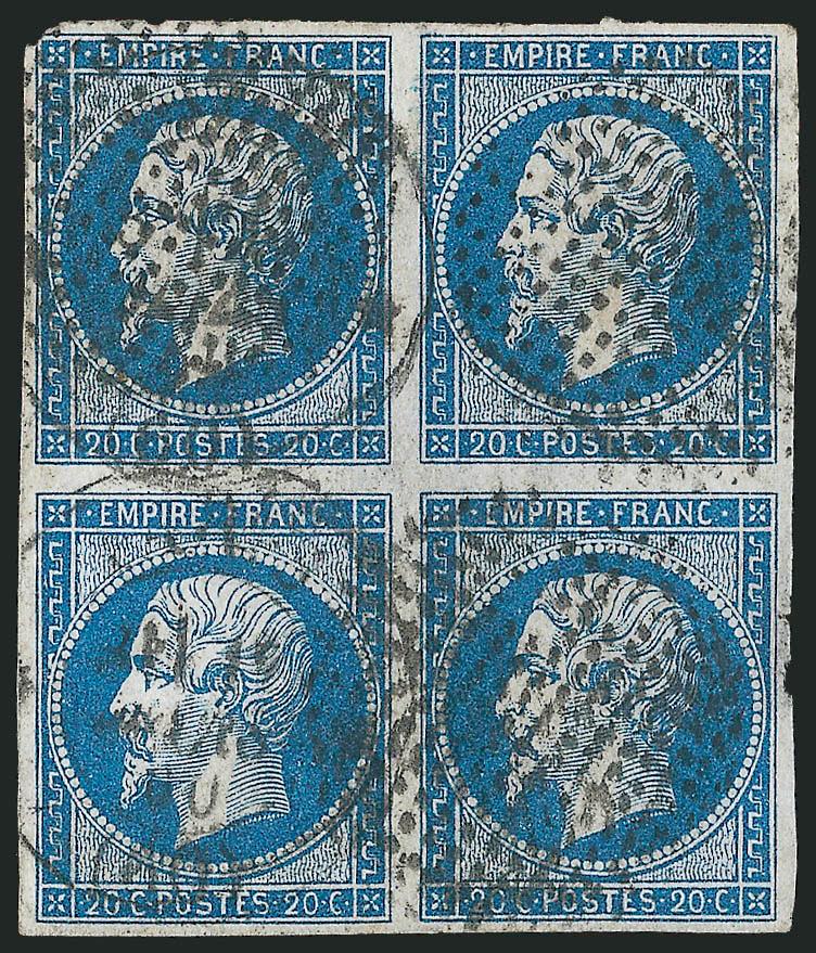 FRANCE, 1853, 20c Blue, Ty. I (15 shades Yvert 14A shades).> Three items: first is block of four in Blue shade with <octagon of square points> cancel, second item is single in very dark shade tied on piece by
<diamond wheel points> cancel, third ite