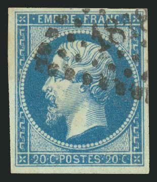FRANCE, 1853, 20c Blue, Ty. I (15 shades Yvert 14A shades).> 16 used singles, each on small quadrille page and identified by shade, several of the scarcer shades represented incl. Bleu sur vert, sur lilas, sur
creme, others, all have four margins, f