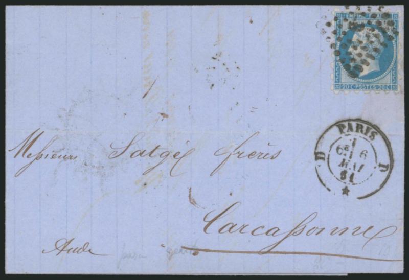 FRANCE, 1860, 20c Blue on Bluish, Ty. II, Privately Perforated (15d var Yvert 14B var).> Wide perfs, tied by lozenge, Paris 6 Mai 64 double-circle datestamp on blue folded letter to Carcassone, receiving
backstamp, light horizontal file fold well
