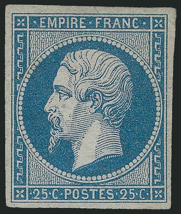 FRANCE, 1853, 25c Blue on Milky Blue (17 var Yvert 15a).> Unused (no gum), large and even margins, pretty color, Very Fine and choice, unlisted in Scott, Yvert e1,200 as no gum