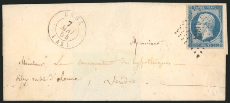 FRANCE, 1853, 25c Blue on Bluish (17 Yvert 15).> Large margins to clear, tied by 1684 lozenge, matching Lege 7 Mai 54 double-circle datestamp on folded cover, light transit and receiving backstamps, Very Fine,
Yvert e500