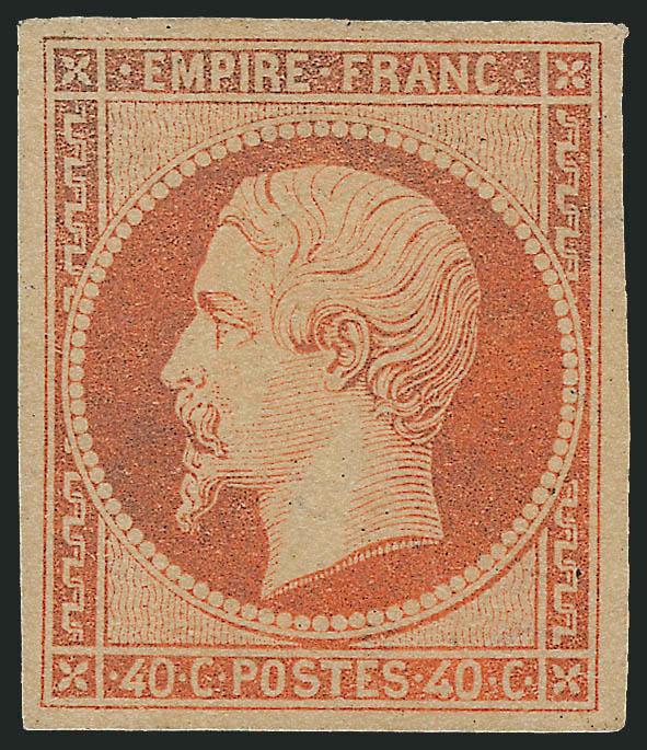 FRANCE, 1853, 40c Orange Vermilion on Yellowish (18a Yvert 16b).> Unused (no gum), intense color with some slight oxidation, large and even margins, Very Fine and choice, three backstamps, Yvert e3,500 as with
gum, Scott Retail as with gum