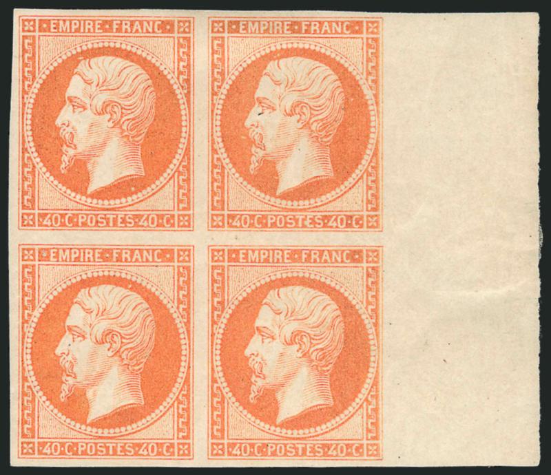 FRANCE, 1853, 40c Orange on Yellowish, Ty. I (18 Yvert 16).> Block of four, original gum, h.r. at top, large to huge margins incl. <sheet margin at right,> bright color, bottom left stamp and sheet margin at
bottom right small thin spots<><>^VERY
