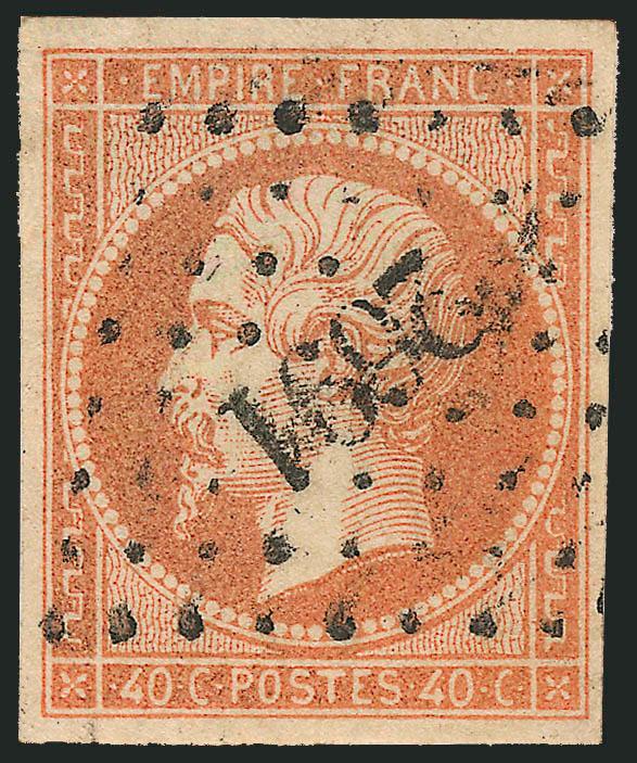 FRANCE, 1853, 40c Orange, Shades (18, 18 var Yvert 16, 16 var).> Ten used stamps, each identified by owner for shades, incl. Orange sur Gris, Orange Pale, Bistre Jaune, Jaune, Orange-Ocre, Orange Terne, mostly
with four margins, the Pale