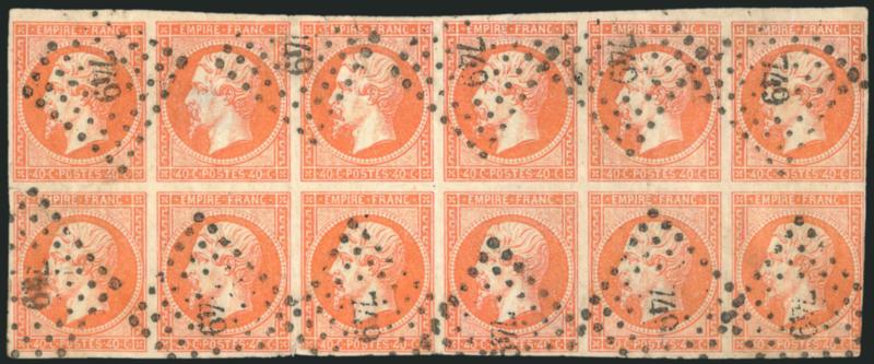 FRANCE, 1853, 40c Orange on Yellowish, Ty. I (18 Yvert 16).> Block of twelve, huge margins to just in at lower right corner, radiant color, neat strikes of 749 lozenge cancel, few flaws incl. creases, tears
and thin spots, otherwise Fine-Very Fine