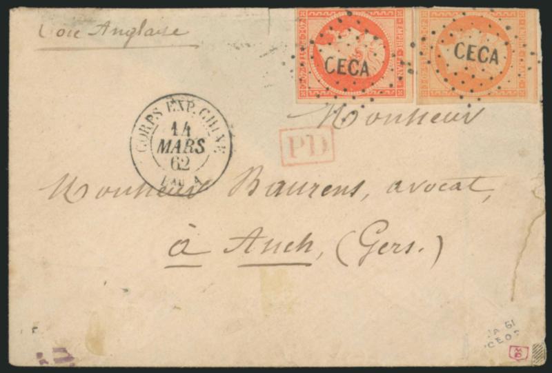 FRANCE, 1853, 40c Orange on Yellowish, Ty. I (18, 18 var Yvert 16, 16b).> Two distinctly different shades, huge margins to just in, tied by CECA lozenges, <Corps. Exp. Chine 14 Mars 62> double-circle datestamp
on cover to Auch, France, transit a