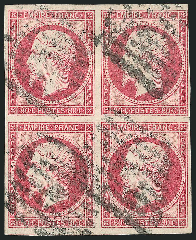 FRANCE, 1860, 80c Rose (20 Yvert 17B).> Block of four, rich color, light lozenge cancels, three large to huge margins, ample to large at right, tiny scissors cut in margin between right pair, Very
Fine