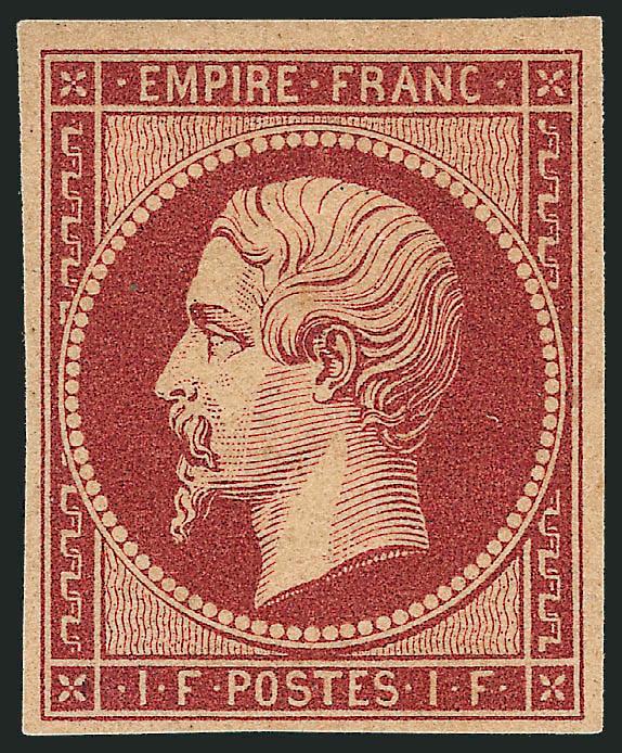 FRANCE, 1862, 1fr Lake, Re-Issue (21c Yvert 18d).> Original gum, small h.r., ample to large margins, wonderful deep rich color, Very Fine and choice, with 1992 A.P.S. certificate, Yvert e1,700