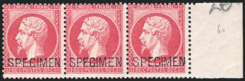 FRANCE, 1862-71, 1c-80c Napoleon III, Specimen Overprints (22S-23S, 25S-28S Yvert 1-4, 6-7).> Horizontal strips of three, each with selvage at one side, original gum, several stamps Mint N.H., the 5c, 10c and
20c also with partial Specimen print