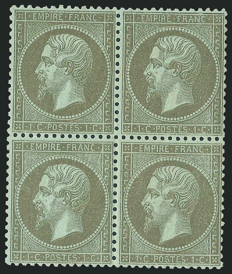 FRANCE, 1862, 1c Bronze Green (22a Yvert 19).> Block of four, original gum, rich color, choice centering, fresh and Very Fine, Yvert e1,000, Scott Retail as singles