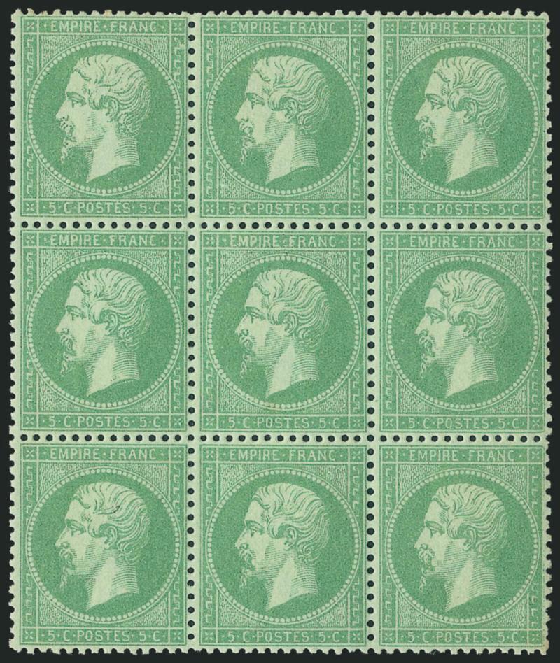 FRANCE, 1862, 5c Yellow Green (23 Yvert 20).> Block of nine, original gum, lightly hinged, pretty shade, well-balanced margins, Very Fine and choice, Yvert e2,725 as block of four and five singles, Scott
Retail as singles