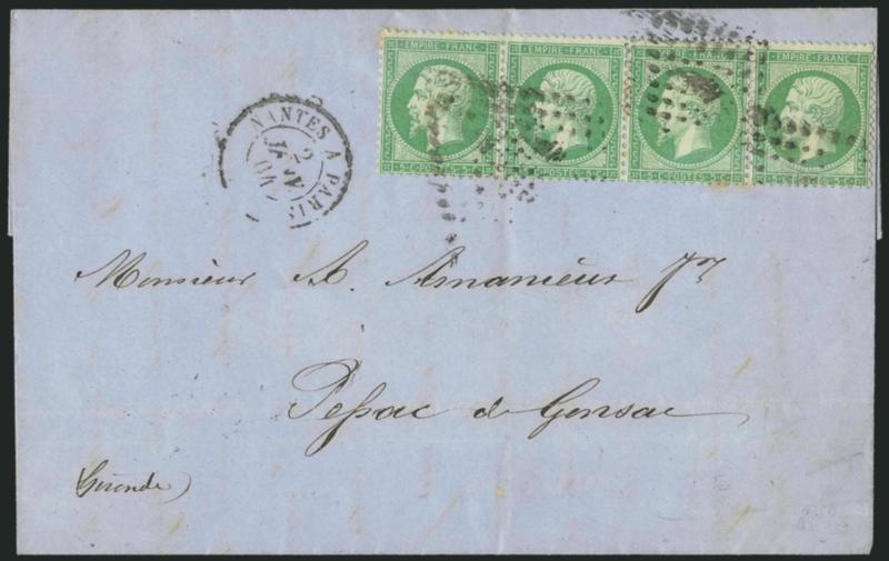 FRANCE, 1862, 5c Yellow Green (23 Yvert 20).> Horizontal strip of four, bright color, tied by lozenges, Nantes A Paris 2 Janv. 64 double-circle datestamp on blue folded letter to Gensac, light horizontal file
fold well away from stamps, light tone