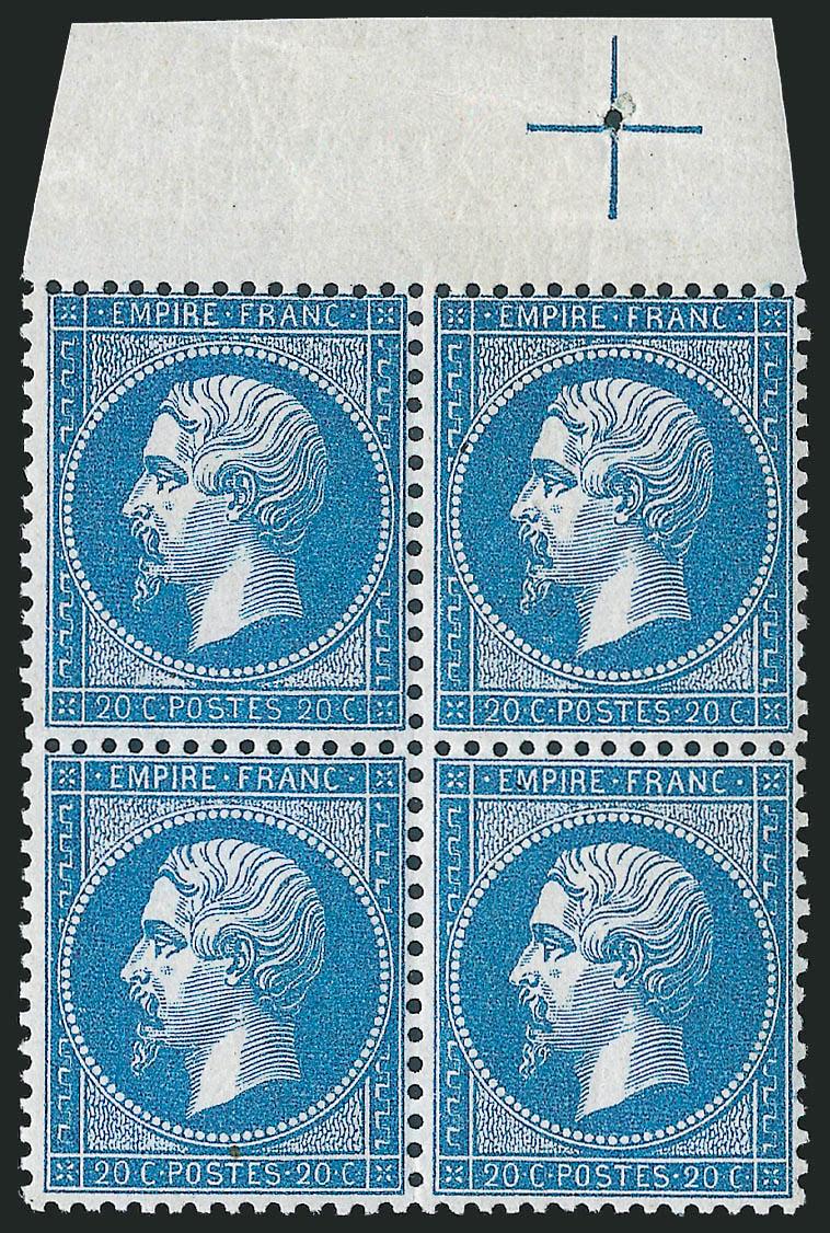 FRANCE, 1862, 20c Blue (26 Yvert 22).> Block of four with <selvage at top,> original gum, h.r. in selvage, deep rich color, Very Fine, ex Schatzkes, Yvert e1,350, Scott Retail as singles