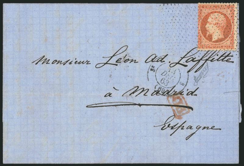 FRANCE, 1862, 40c Pale Orange on Yellowish (27 Yvert 23).> Tied by large pontille cancel on blue folded letter <to Madrid, Spain,> indistinct Dec. 13, 1863 double-circle datestamp, red boxed PD handstamp,
light horizontal file fold well away from