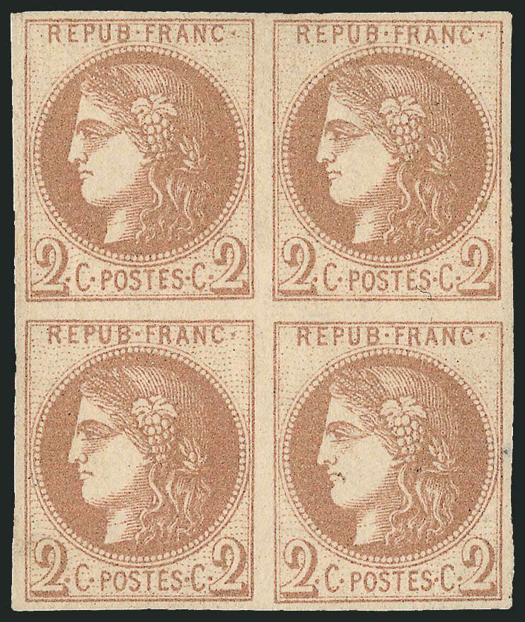FRANCE, 1870, 2c Red Brown on Yellowish (39 Yvert 40A).> Block of four, unused (no gum), large margins all around, bright color, light horizontal crease at bottom, few small natural inclusions, Very Fine
appearance, Yvert e1,600 as no gum singles, S