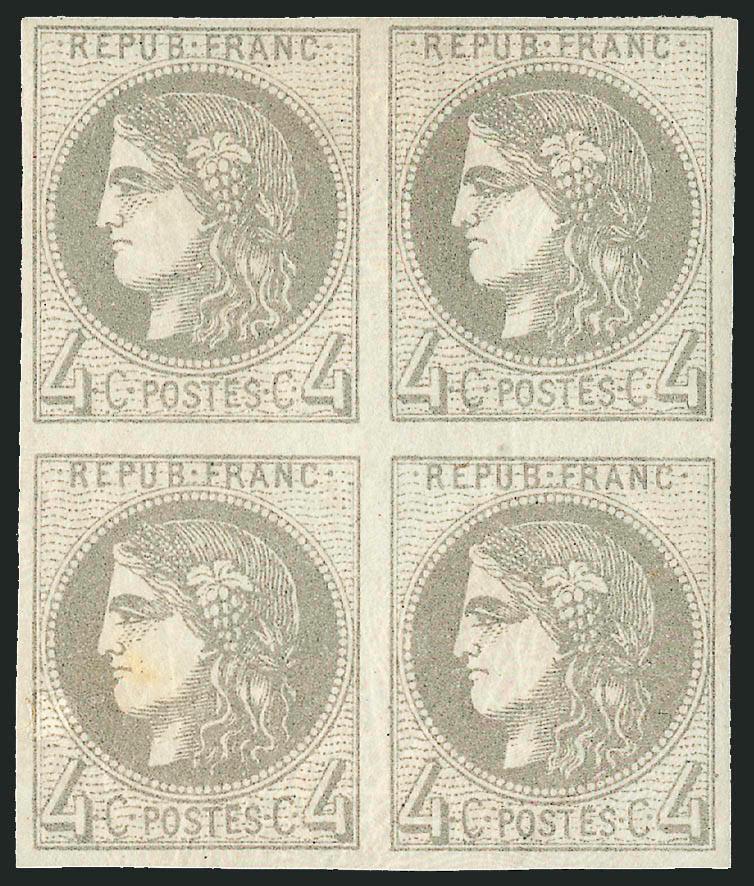 FRANCE, 1870, 4c Gray (40 Yvert 41B).> Report 2, block of four, original gum, h.r. at top, large margins to full, bright color, faint toned spot at lower left, otherwise Very Fine, Yvert e1,850, Scott Retail
as singles