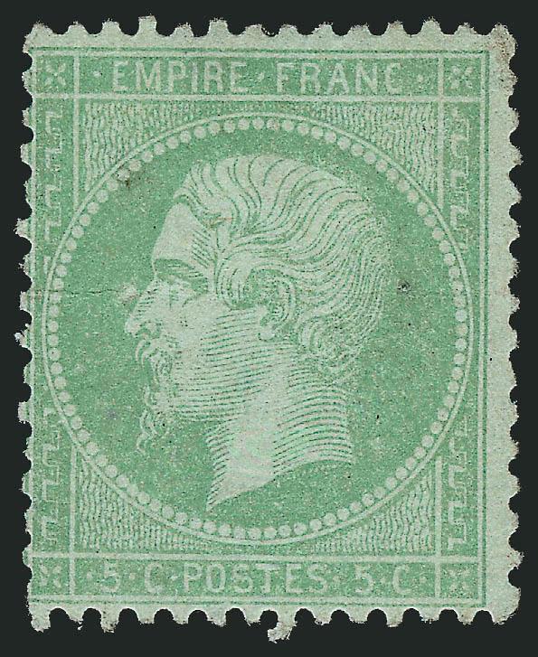 FRANCE, 1870, 5c Emerald on Greenish (41b Yvert 35).> Original gum, pretty shade, thin spot from hinge removal, light horizontal crease, two small soiled spots, still a Fine example of this scarce shade, Yvert
e2,900