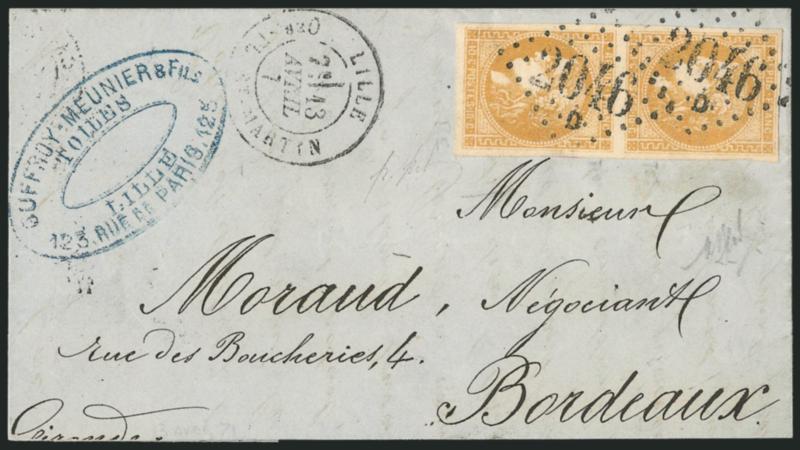 FRANCE, 1870, 10c Bister (42a Yvert 43B).> Report 2, vertical pair, tied by 2046 lozenges, Lille 13 Avril 71 double-circle datestamp on folded letter to Bordeaux, Very Fine and choice, a pretty cover, signed
in pencil
