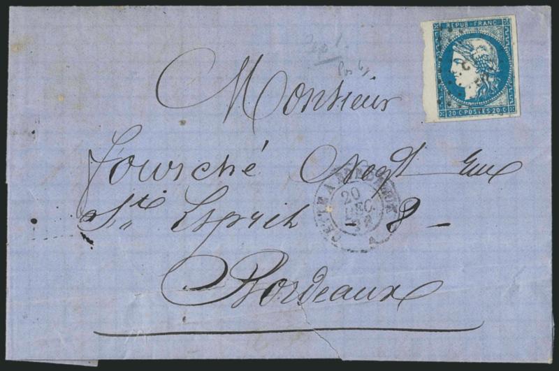 FRANCE, 1870, 20c Blue (43 Yvert 44A).> Type I, Report 1, Position 6, large margins to full, cancelled by CE lozenge, Cette A Bordeaux 20 Dec. 70 double-circle datestamp on blue folded letter to Bordeaux, tear
at bottom of cover, otherwise Very
